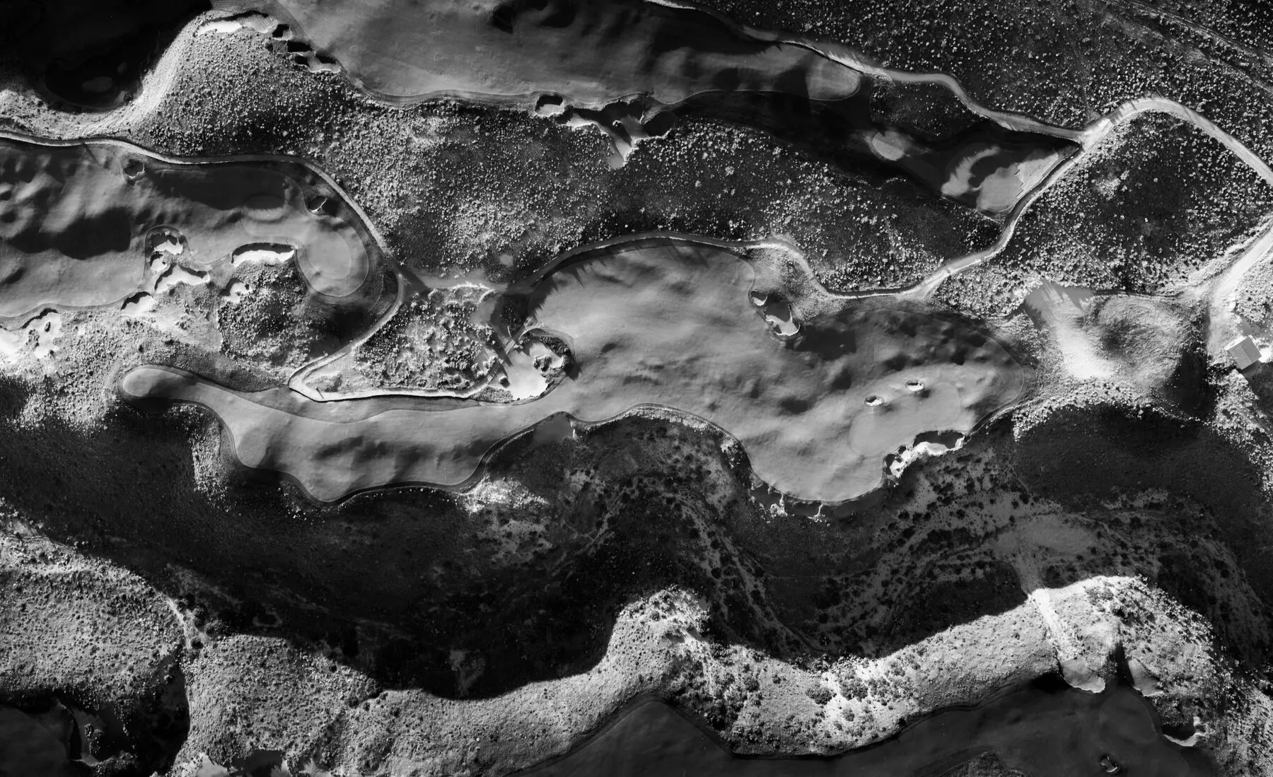 Aerial abstract of fairways and bunkers, black and white