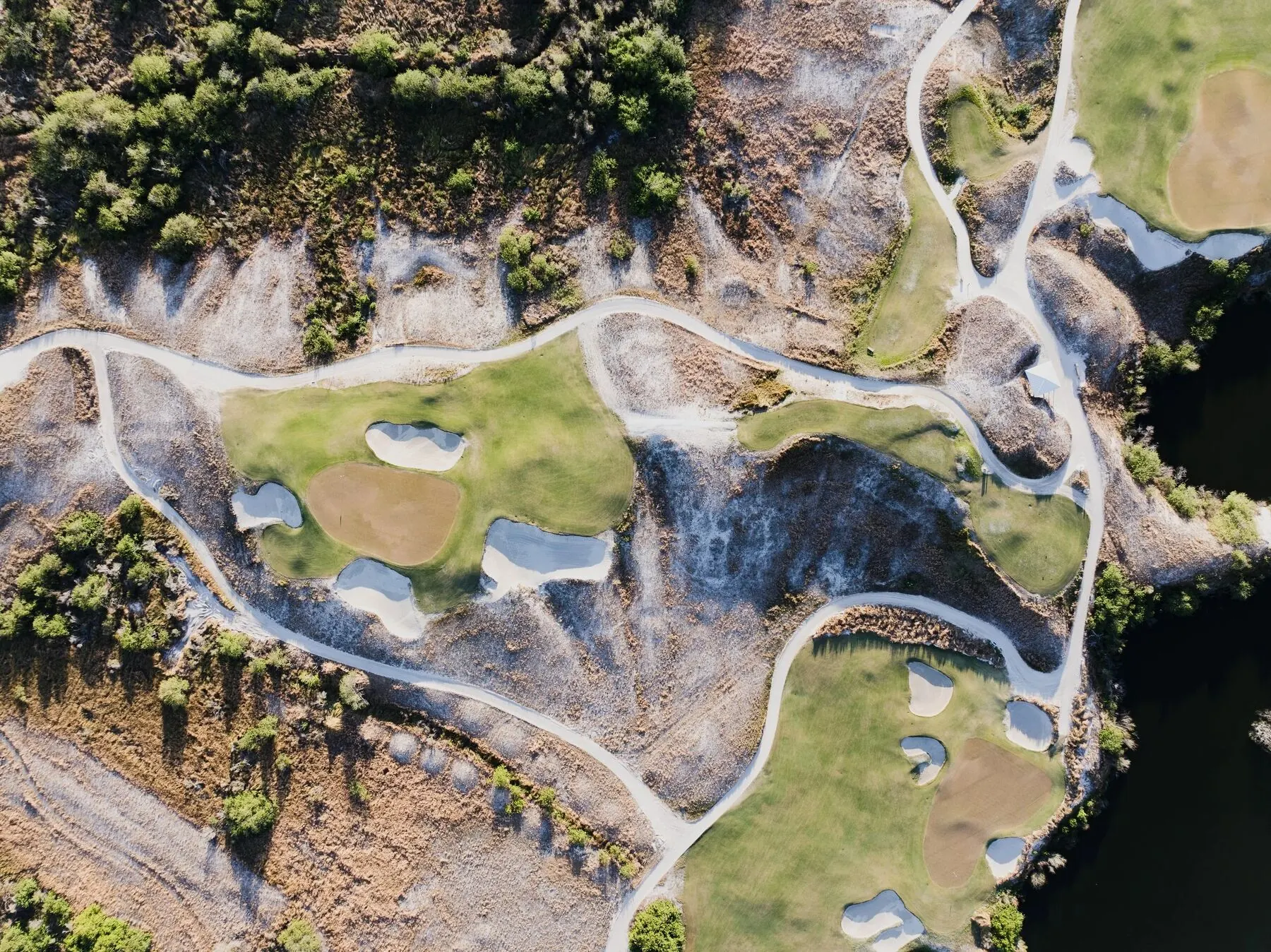 Aerial view of bunker patterns at Streamsong
